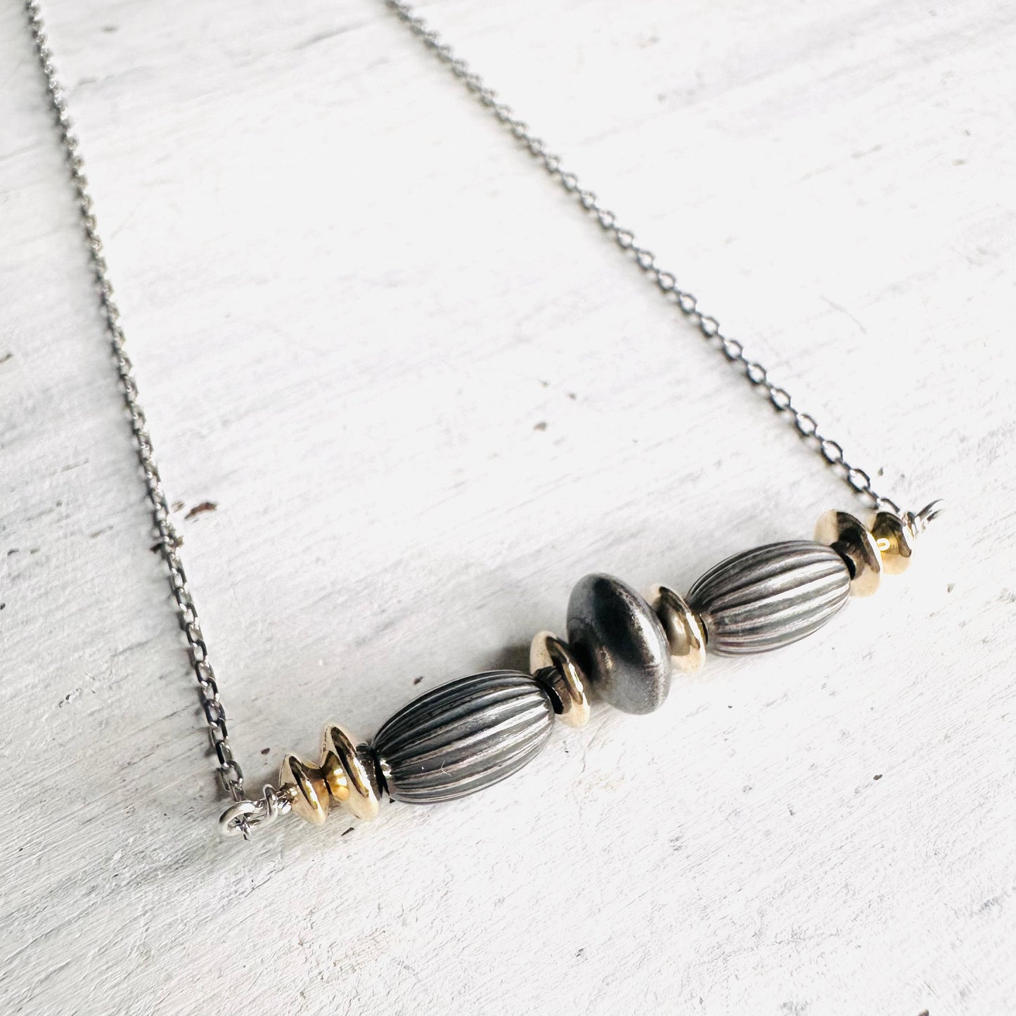 Sterling Oval & Gold Disc Bead Necklace