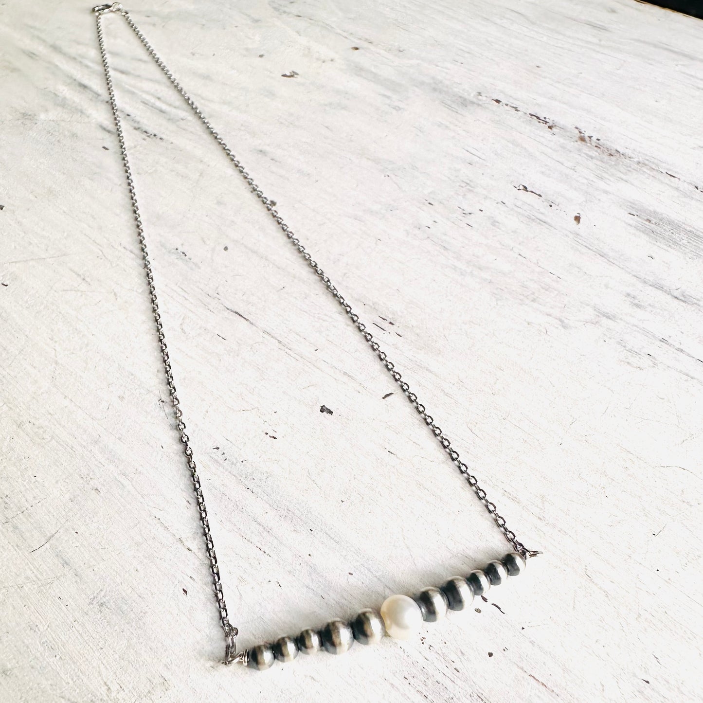 Sterling Bead & Pearl Bar Necklace