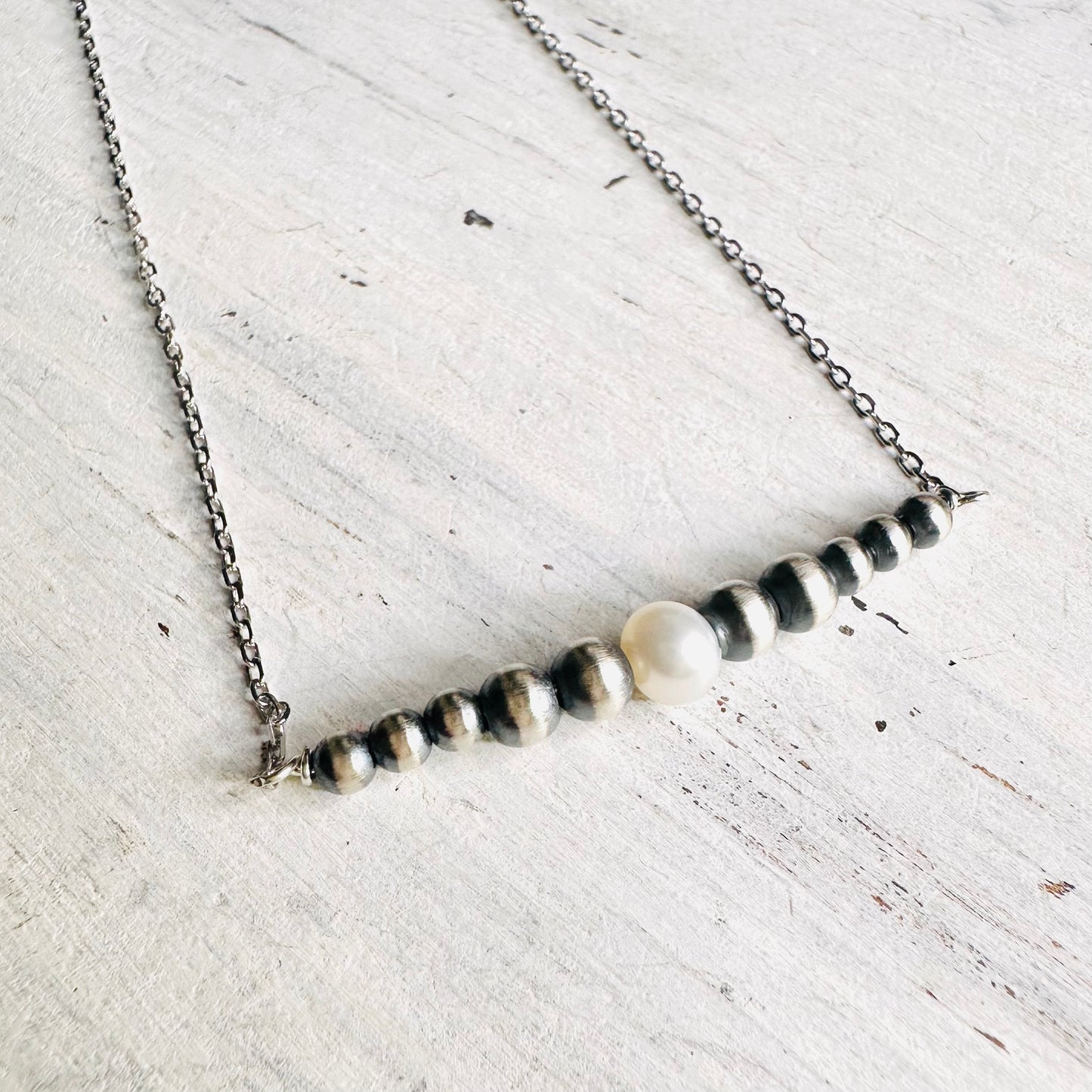 Sterling Bead & Pearl Bar Necklace