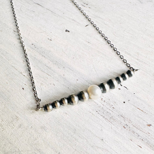 Sterling Bead & Pearl Bar Necklace