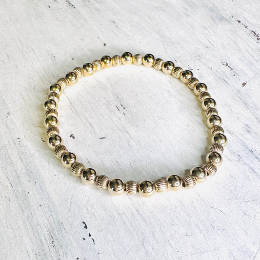 14K Textured & Smooth Gold Beaded Stretchy Bracelet