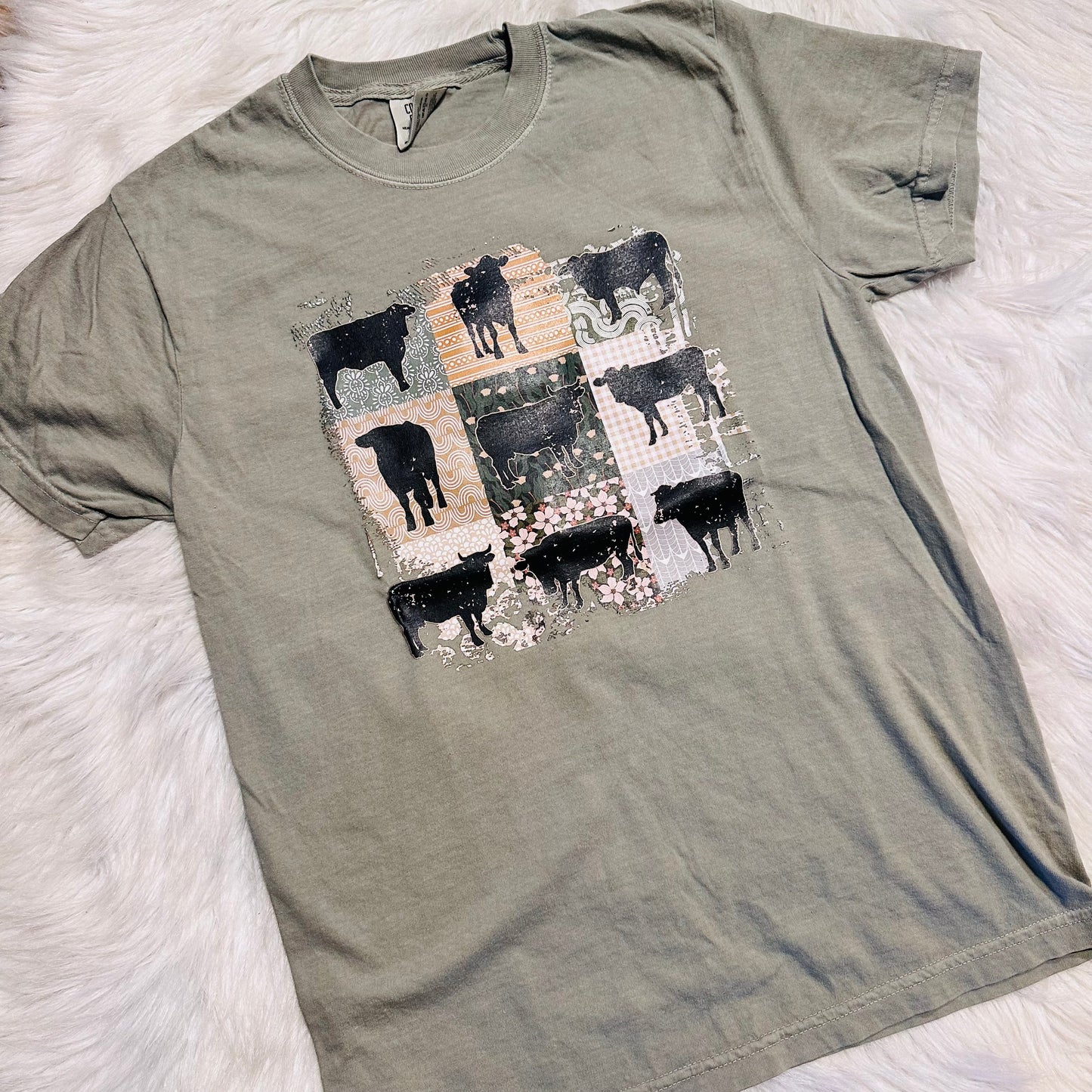 Sage Cow Collage Comfort Tee