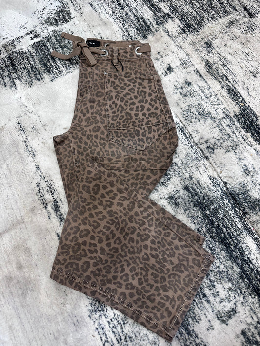 Risen Leopard Barrel Jeans Drawstring Waistband