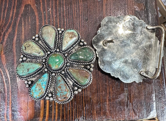 Turquoise Flower Cluster Coin Silver Belt Buckle