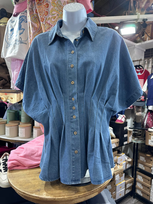 Denim Pleated Button Down Top