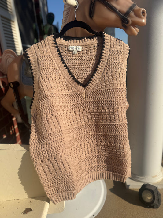 Taupe V-Neck Blanket Stitch Sweater Vest