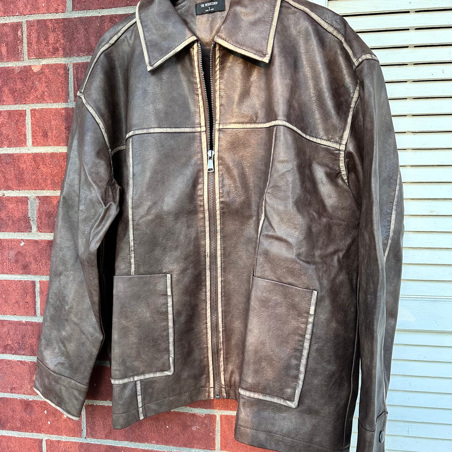 Brown Washed Faux Leather Collared Zip-up Jacket