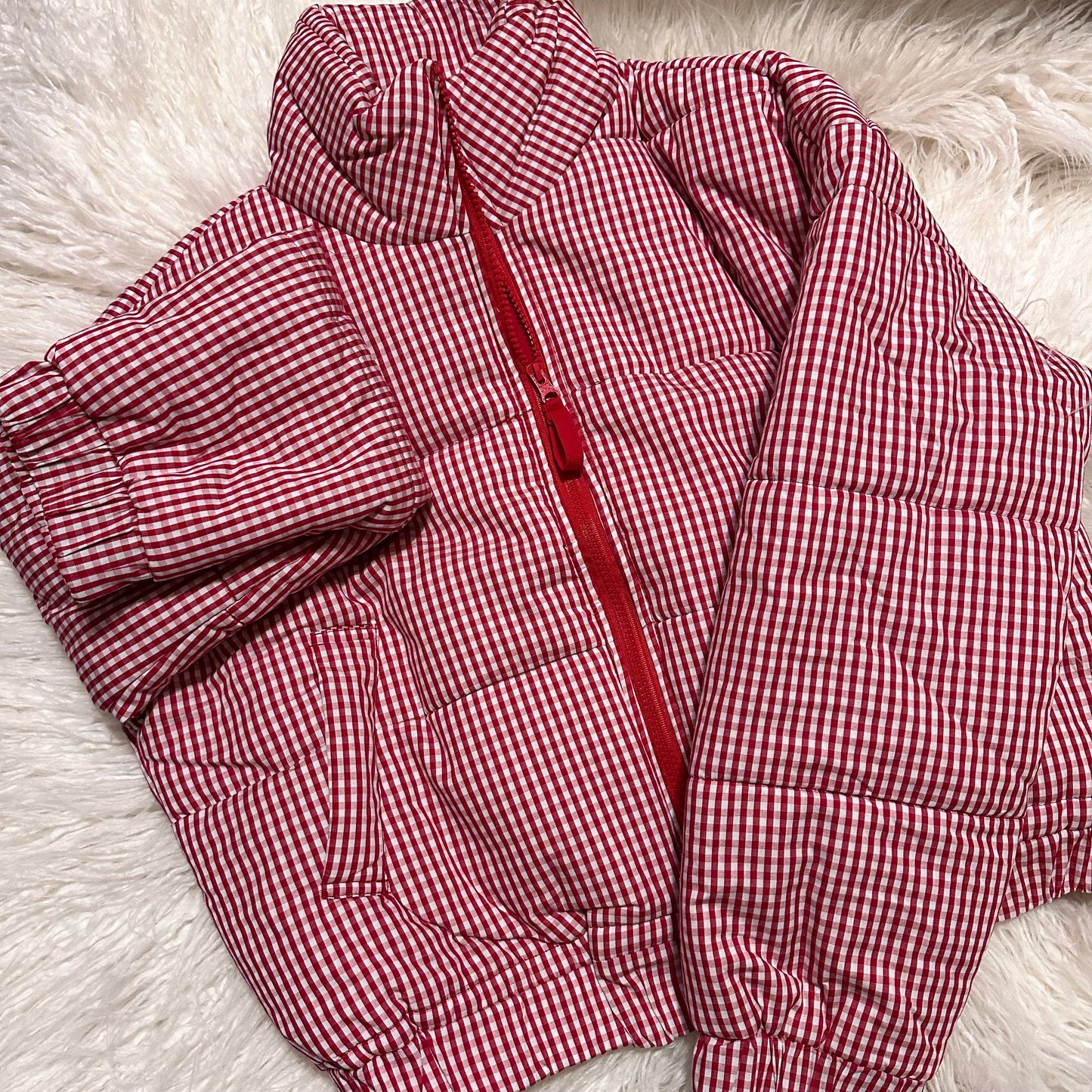 Red Gingham Cropped Puffer Jacket