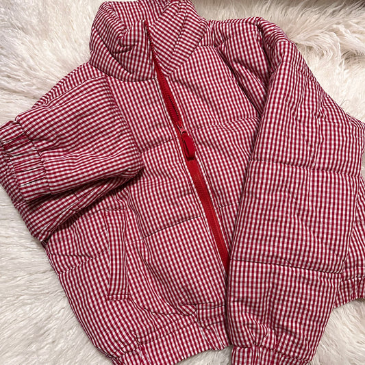 Red Gingham Cropped Puffer Jacket