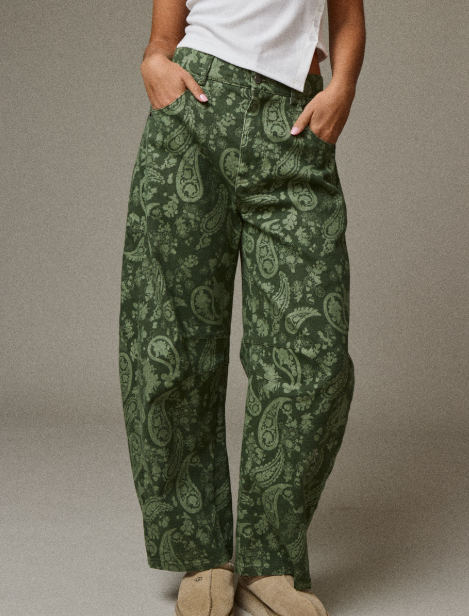 Olive Paisley Print Barrel Jeans