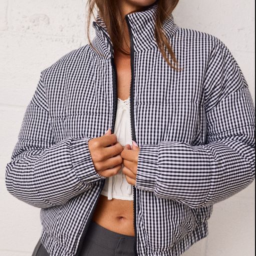 Black Gingham Zip Up Puffer Jacket