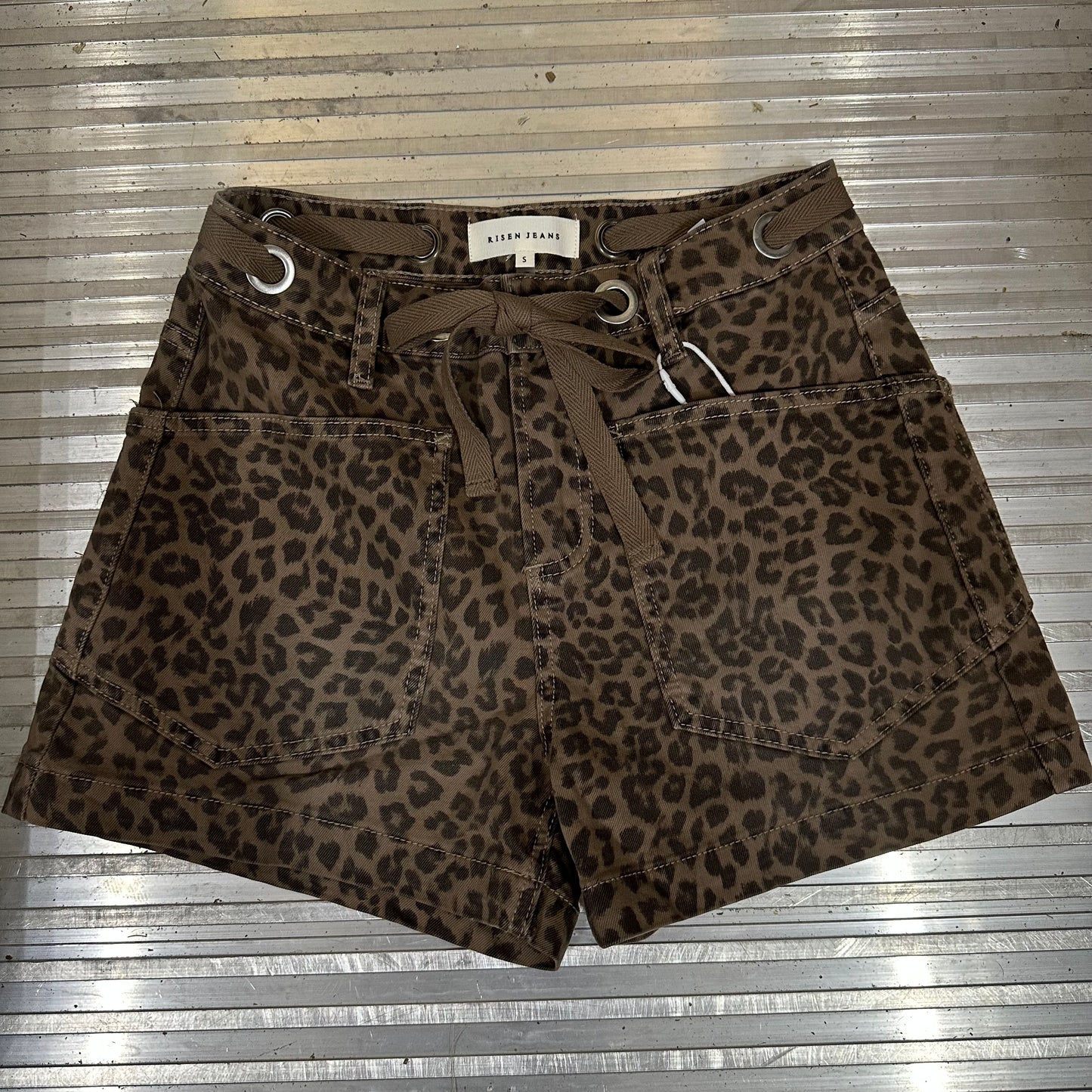 Risen Slouchy Brown Leopard Print Patch Pocket Shorts