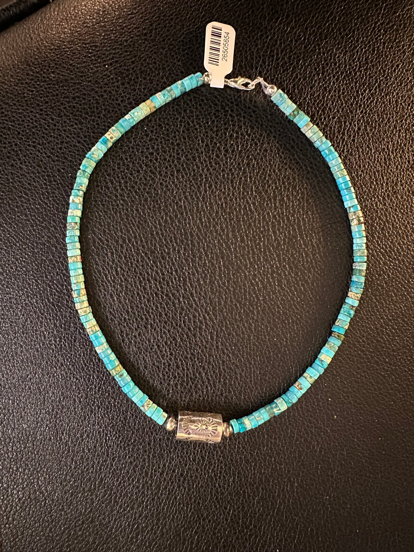 14" Turquoise and Sterling Engraved Bead Necklace