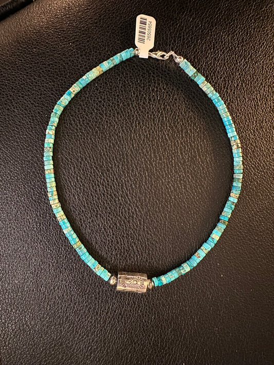 14" Turquoise and Sterling Engraved Bead Necklace