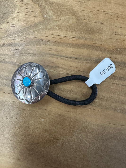 Sterling Silver Concho Hair Tie with Turquoise Stone