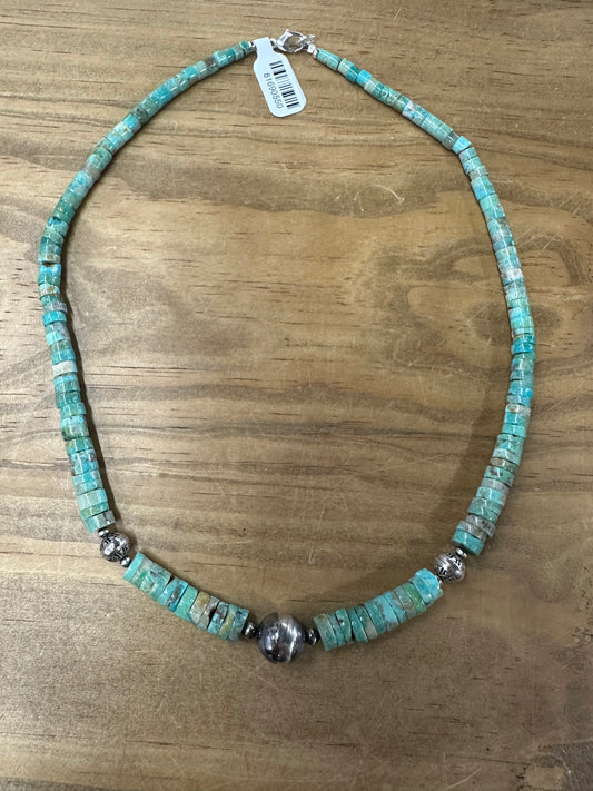 Turquoise Heishi Bead & Sterling Pearl Necklace