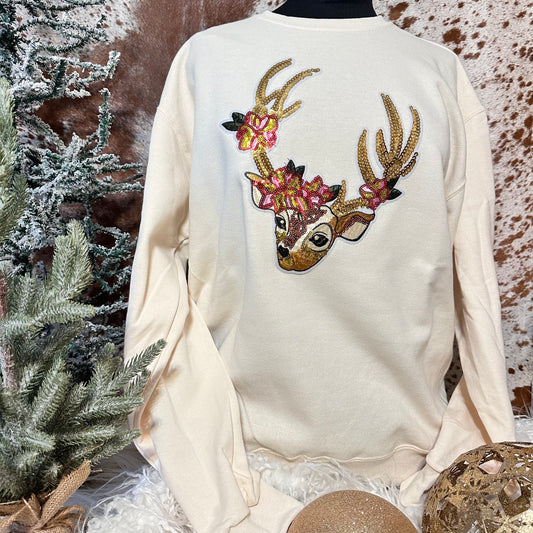 Cream Sequin Deer Sweatshirt