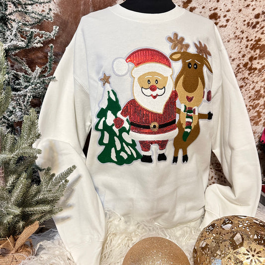 White Sequined Christmas Patch Sweatshirt