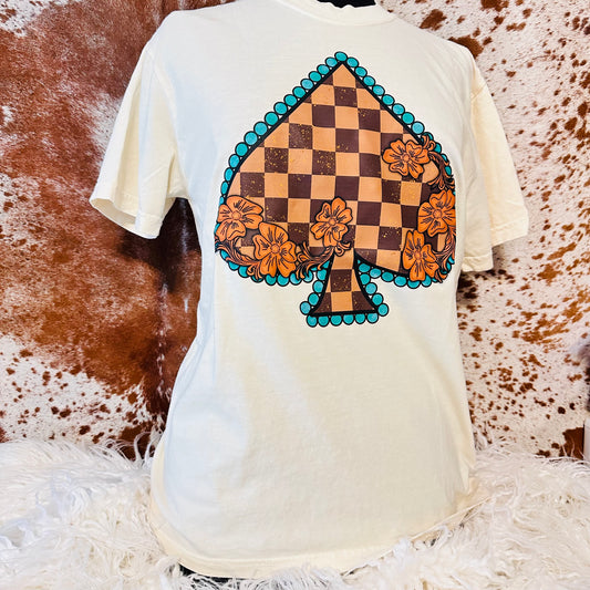 Brown Checkered & Turquoise Spade Ivory Tee