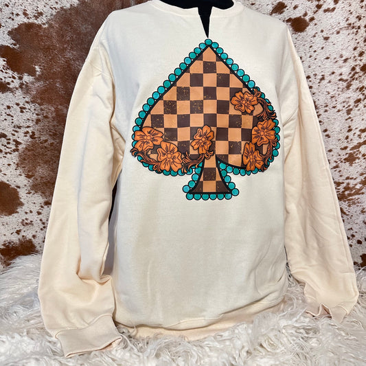 Brown Checkered & Turquoise Spade Cream Sweatshirt