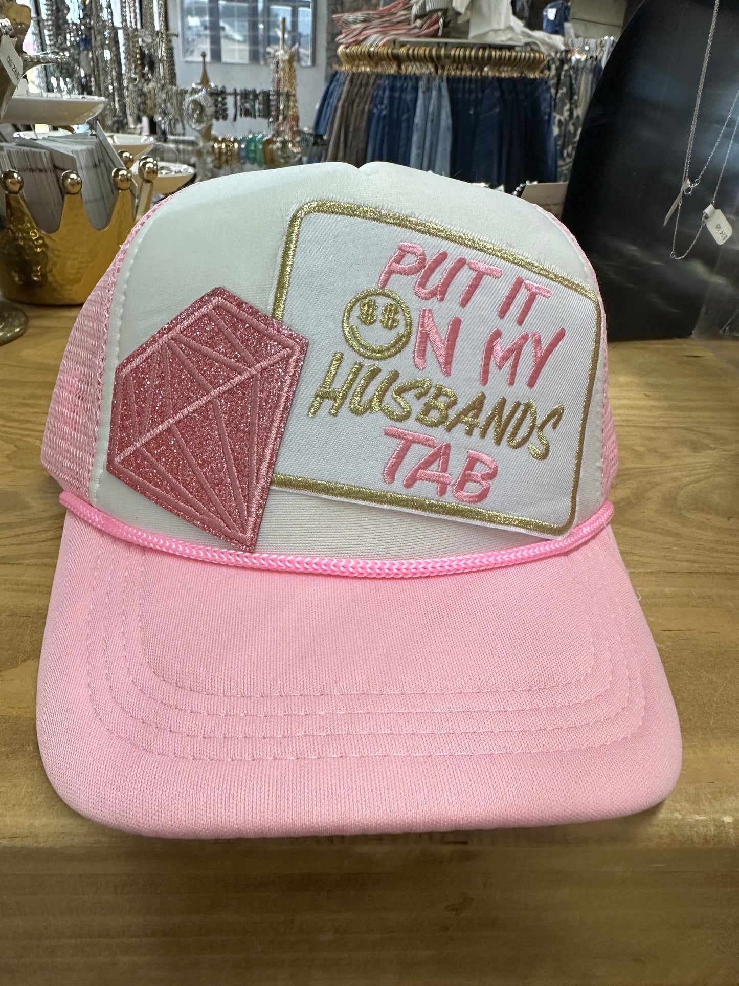 Put It On My Husbands Tab Pink Trucker Cap