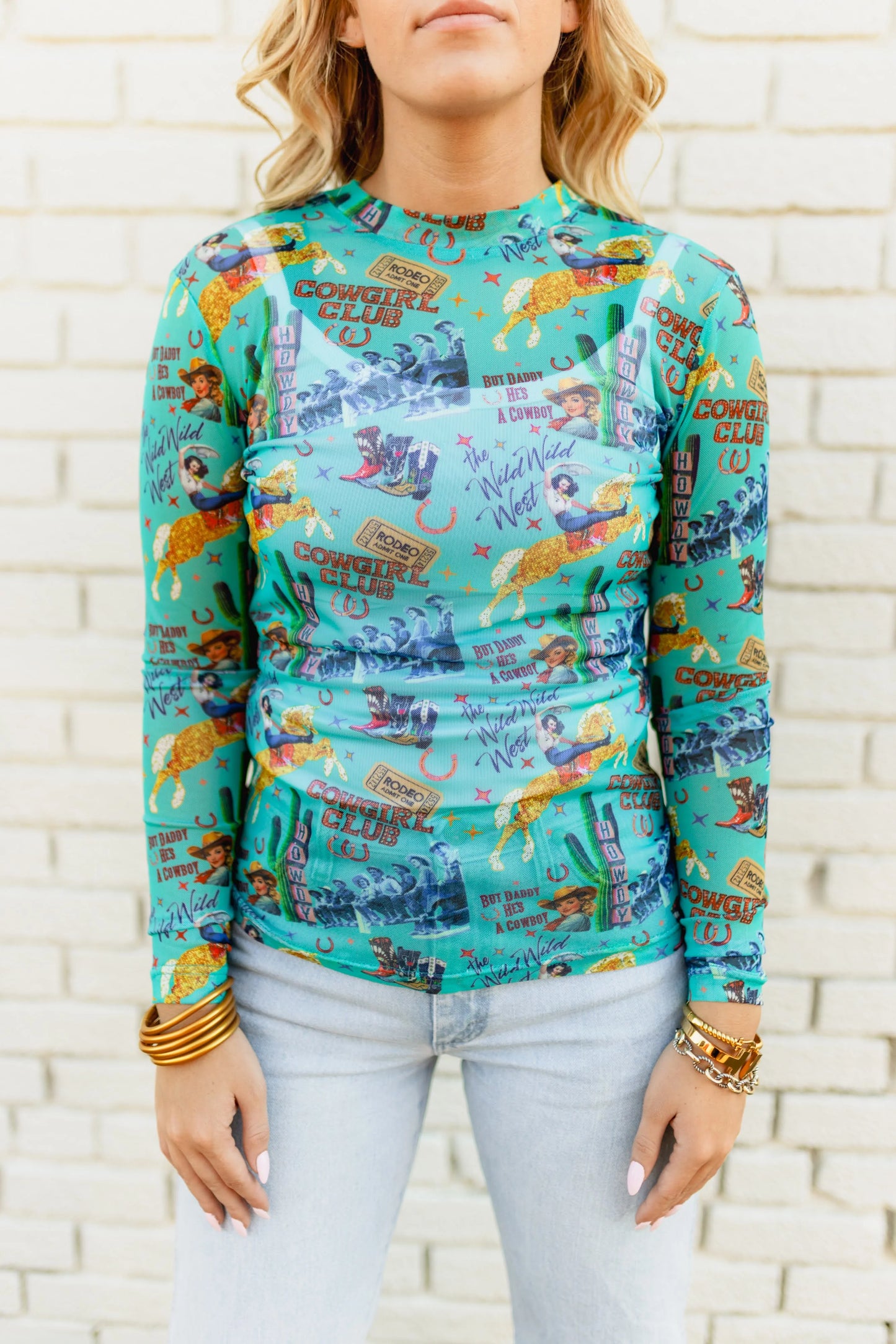 Turquoise Cowgirl Collage Long Sleeve Mesh Top