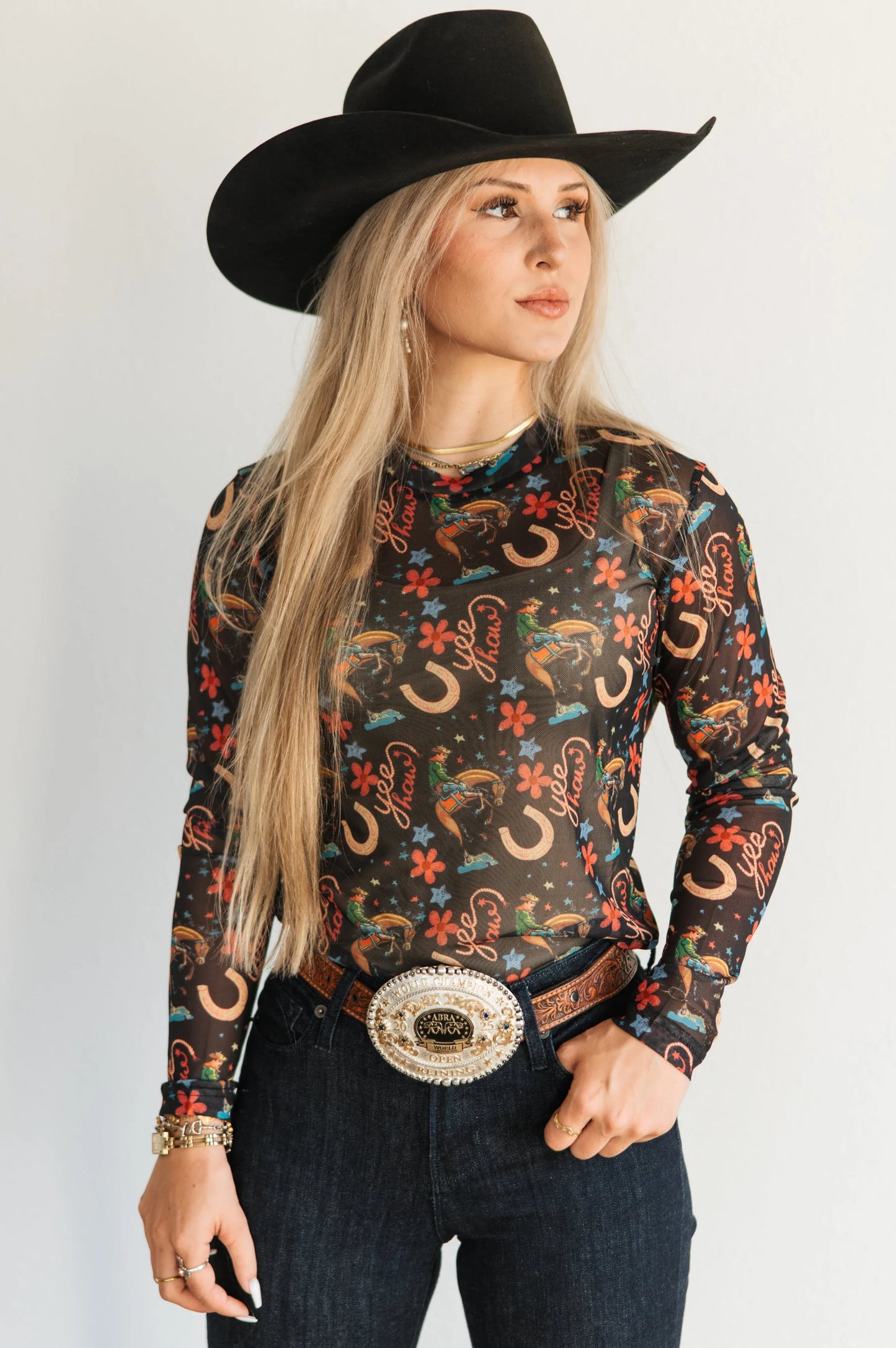 Black Yee Haw Mesh Top