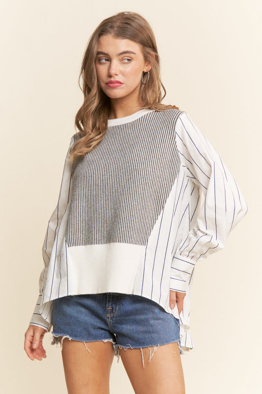 White Combo Shirt Style Sweater Top