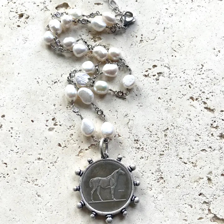 Silver Derby Horse Coin and Pearl Necklace
