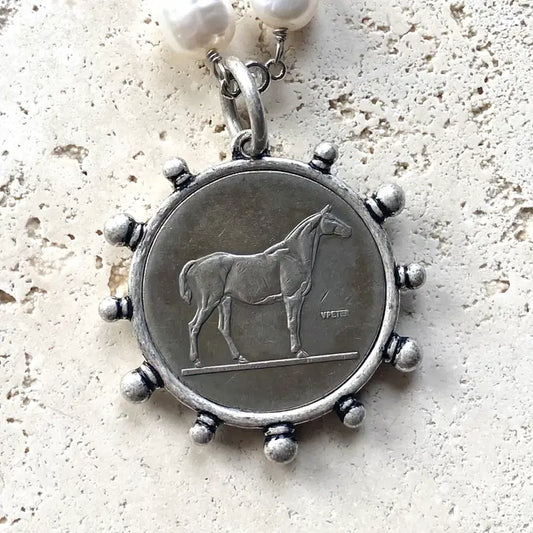 Silver Derby Horse Coin and Pearl Necklace
