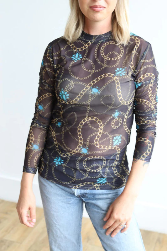 Black Gold Chain Long Sleeve Mesh Top