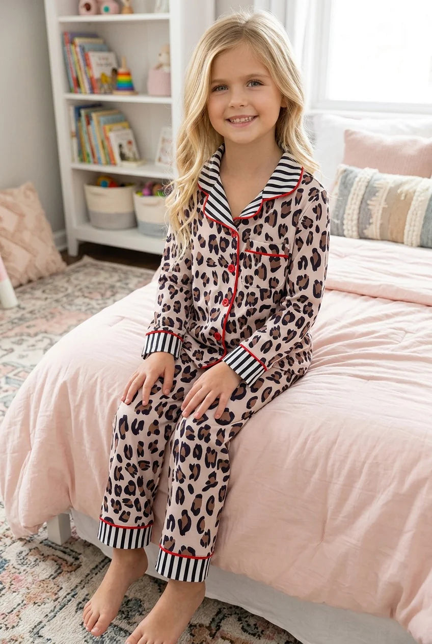 Girls Leopard & Striped Printed Pajamas