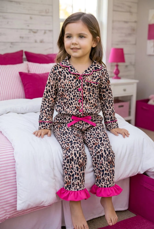 Girls Leopard & Fuchsia Trim Pajamas