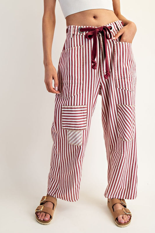 Raspberry Striped Drawstring Barrel Pants