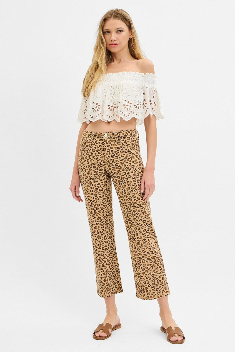 Risen Leopard Mid Rise Ankle Slim Straight Pants