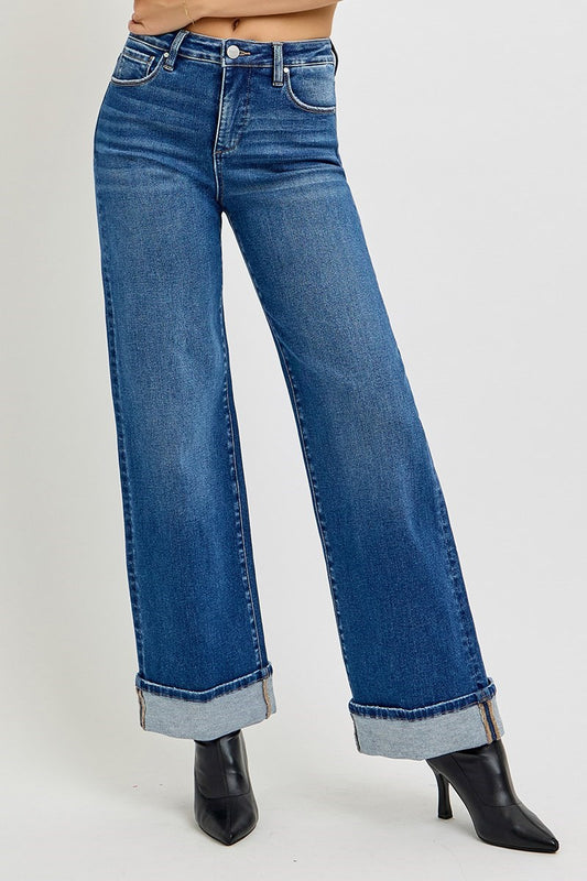 Risen TC High Rise Long Inseam Wide Leg Cuffed Jeans