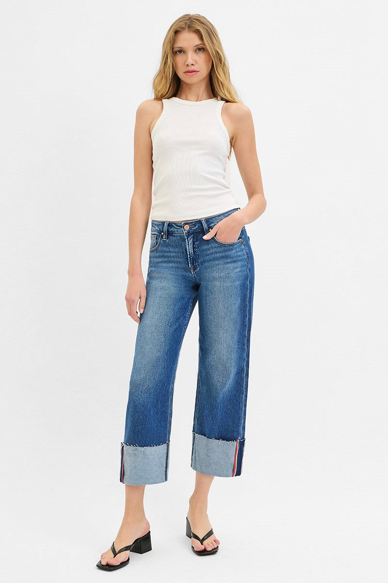 Risen Mid-Rise Crop Wide Cuff Jeans with Red Stitched Cuffs