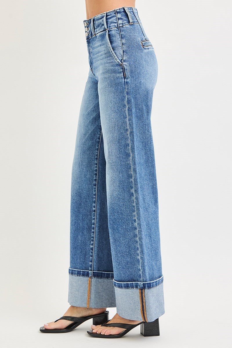 Risen High Rise Wide Leg Cuffed Jeans
