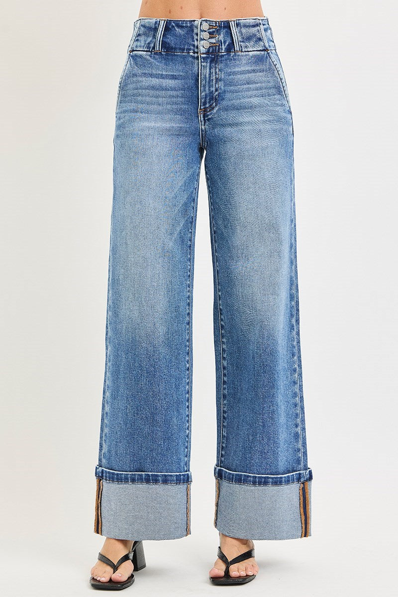 Risen High Rise Wide Leg Cuffed Jeans