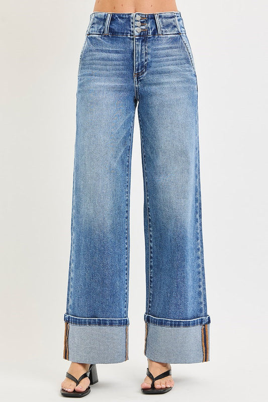 Risen High Rise Wide Leg Cuffed Jeans
