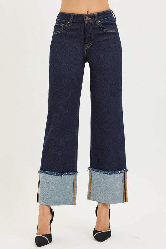 Risen Mid Rise Wide Cuffed Jeans- Solid Dark