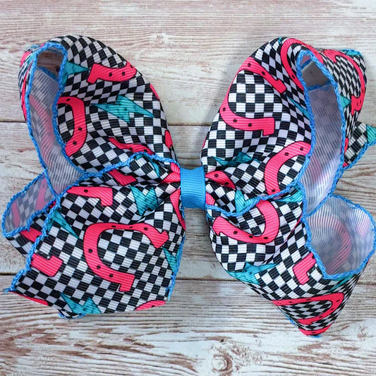 5" Horseshoe Checkered Print Moon Stitch Hair Bow