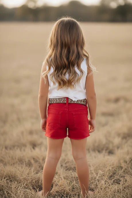 Girls Red Denim Distressed Shorts