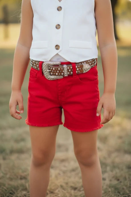 Girls Red Denim Distressed Shorts