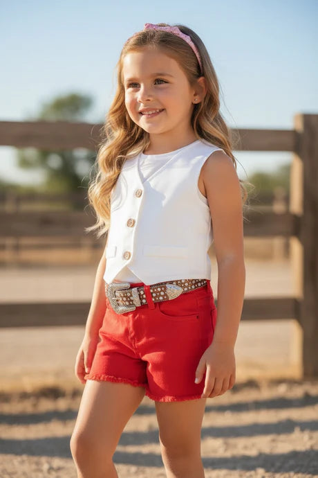Girls Red Denim Distressed Shorts