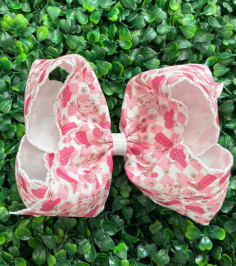 5" Pink Checkered Western Boot Print Moon Stitch Hair Bow