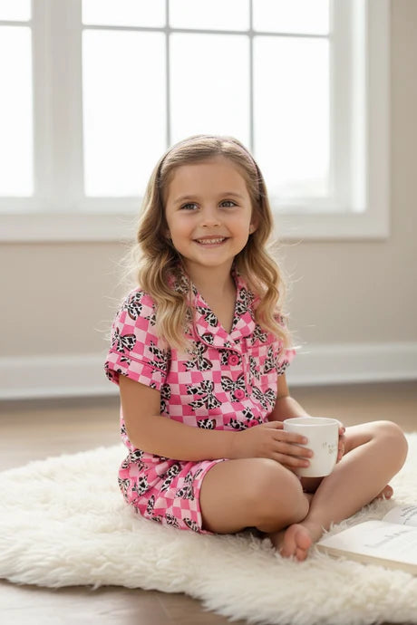 Girls Cow Print & Bows PJ Shorts Set