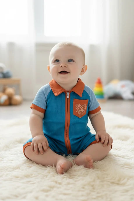 Infant Boys Ribbed Blue Romper with Pockets