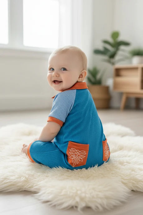 Infant Boys Ribbed Blue Romper with Pockets