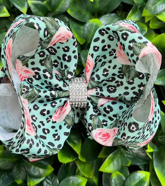 Mint Leopard & Roses 6.5" Double Layer Hair Bow